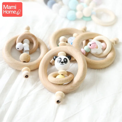 mamihome 5pc Newborn Gifts Baby Rattle Wood Ring Chew Toys Wooden Teether Toys Car Panda Beads Christmas Gift Baby Teething