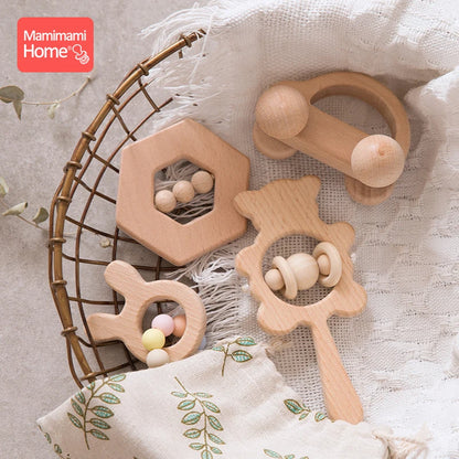 Mamihome 4pc Baby Wooden Toys Rattle Teething Car Toy Natural Beech Ring Beads Animal Wooden Blank Rodent  Children'S Goods Tiny