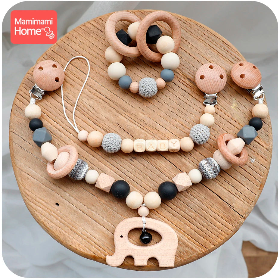 Baby Wooden Teether 1set Pram Clip Beech Rodent Gym Play Personalized Name Pacifier Chain Chewable Bracelet Children'S Goods Toy