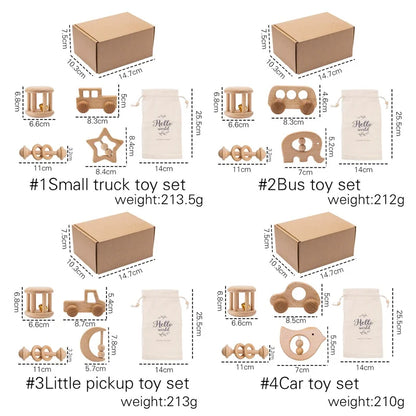 4pc/set Baby Rattle Toy Sets Beech Wooden Car Toys Teething Music Rattle For Baby Rodent Animal Newbron Early Education Toy Gift