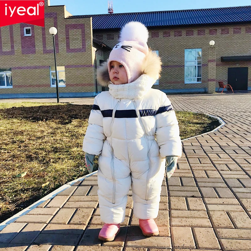 IYEAL Infant Boys Girl Snowsuit Outwear Newest Winter Children Baby Clothes Hooded Natural Fur Thicken Warm Rompers