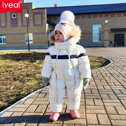IYEAL Infant Boys Girl Snowsuit Outwear Newest Winter Children Baby Clothes Hooded Natural Fur Thicken Warm Rompers