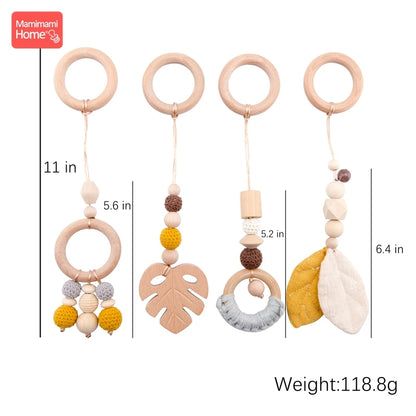 4pc/set Baby Wooden Pendant Play Gym Toys BPA Free Wooden Teether Rodent Animal Interactive Stroller Hanging Bed Bell Nurse Gift