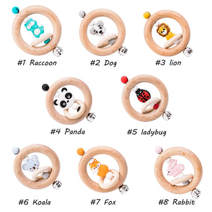 Mamihome 1pc Baby Wooden Teether Animal Rattle Bell Lion King Toys Beech Rings Food Grade Silicone Rodent Beads Children'S Goods