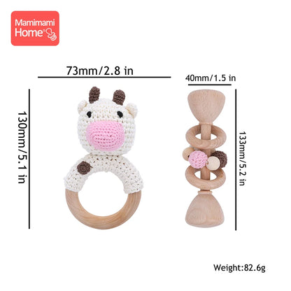 1set/2Pc Baby Wooden Teether Music Rattle Toy Rodent Animal Elephant BPA Free Wood Teething Ring Montessori Toy Children's Goods