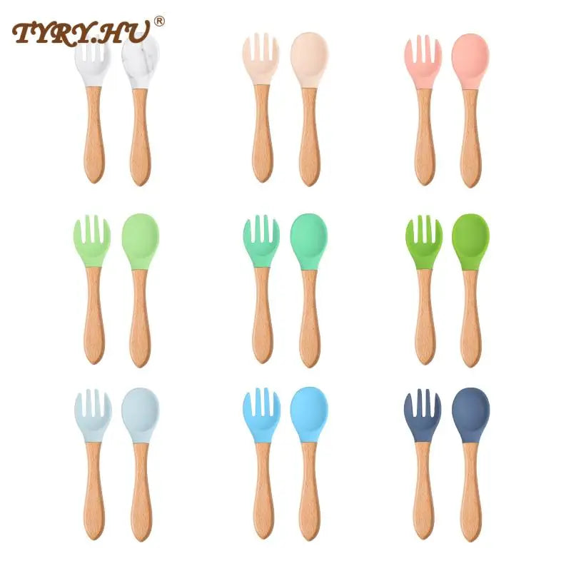 2Pcs Food Grade Silicone Spoon and Fork Set Baby Feeding Training with Wooden Handle Toddlers Infant Eat Independently Acce
