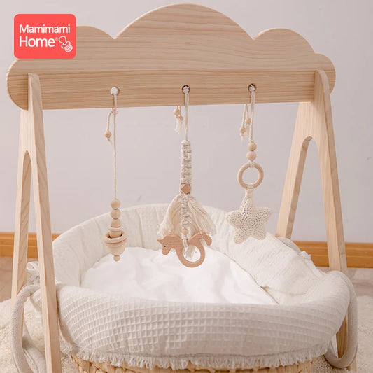 1set Baby Play Gym Wood Bed Bell Clouds Crochet Star Pendant Teething Nursing Stroller Hanging Play Gym 0-12 Months Baby Rattle
