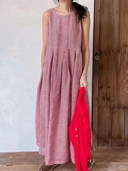 [EWQ] Elegant Female's Holiday Dresses For Formal Occasions Strap Plaid Sleeveless Long Dress Women 2024 Spring Summer 16U8904