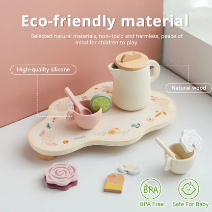 Wooden Afternoon Tea Set Rattle Toy Cosplay Food Pretend Play Toys Simulation Kitchen Play Game Baby Early Educational Toys Gift