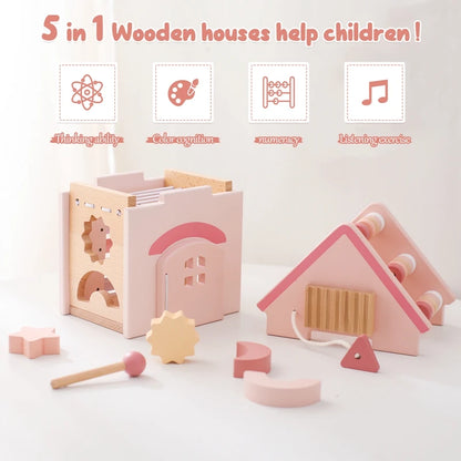 Baby Montessorri Toys Wooden Five-in-one Pink House Blocks Toy Xylophone Multifunctional Busy Toy Geometric Educational Toy Gift