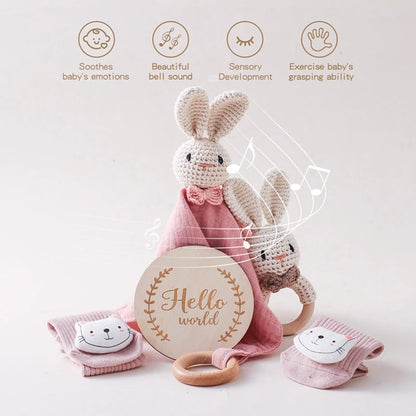 Baby Wooden Crochet Bunny Bracelet Rattle Cotton Blanket Bath Stuff Towel Brush Set Gifts Box Brushs Towel For Baby Shower Gift