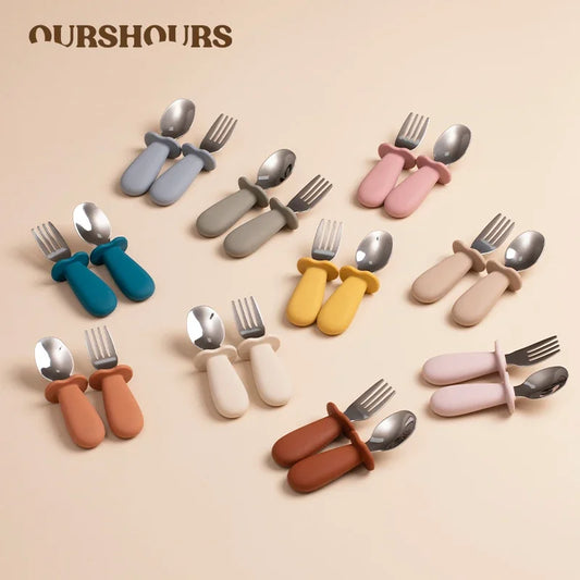 2pcs/Set Baby Tableware Children Utensil Stainless Steel Food Feeding Spoon Fork Set Infant Toddler Silicone Dinnerware Cutlery