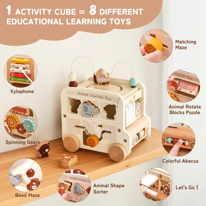 Baby Wooden Montessori Toy 0-12Months Baby Car Toy Polyhedron Busy Bus Toy Kids Early Education Hand Brain Sense Organ Toys Gift