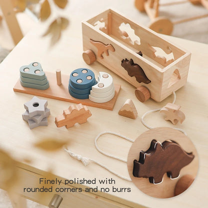 Kids Wooden Dinosaur Intelligence Car Toys Baby Stacking Multifunctional Shape Cognitive Toy Baby Montessori Education Toys Gift