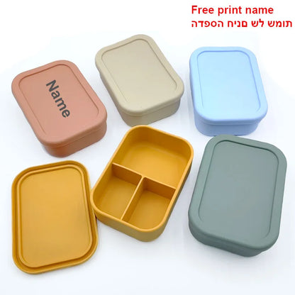 Personalized Name Bento Lunch Box Silicone 3-compartment Lunch Box Baby Food Container Leakproof Portable Picnic Lunch Box