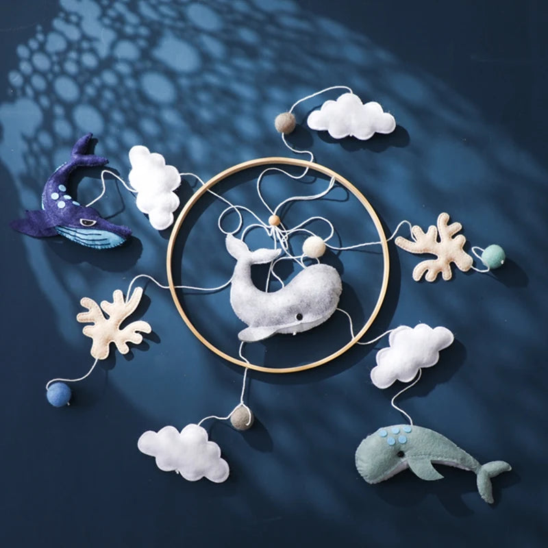 Wooden Baby Mobile Crib Bed Bell Cartoon Sea Animal Cloud Seashell Crib Hanging Toys Montessori Educational Cognitive Puzzle Toy