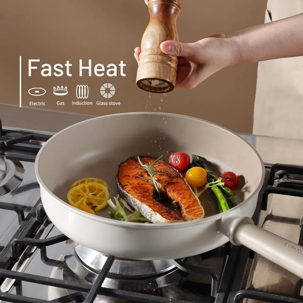 16pcs Pots and Pans Set Non Stick, Nonstick Kitchen Cookware Sets, Induction Cookware Sets with Stay-Cool Handle,Beige and Taupe