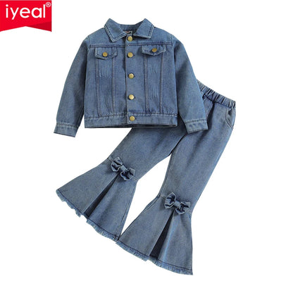 IYEAL Autumn Girls' Denim Clothing Sets Denim Long-sleeved jacket+Flare Pants 2PCS Baby Kids Clothes Suit Children Clothing