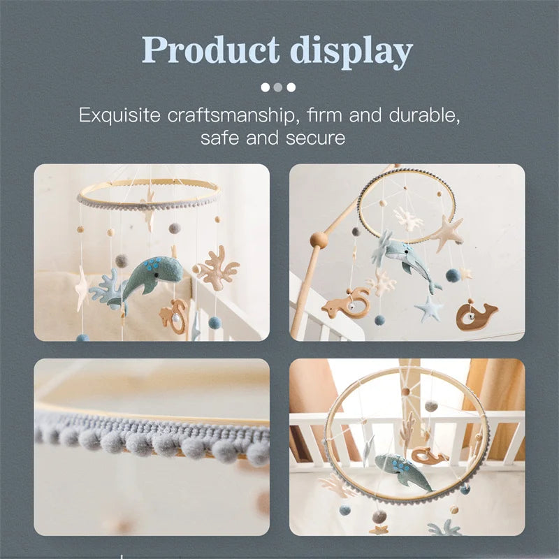 Wooden Baby Rattles Soft Felt Cartoon Ocean Whales Scallop Cloud Hanging Pendant Bed Bell Mobile Crib Hanging Bracket Toys Gifts