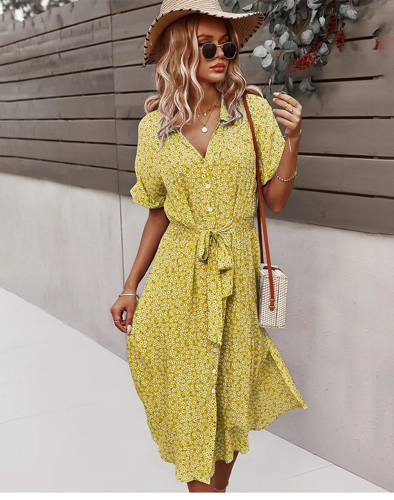 Floral Print V-Neck Midi Dress