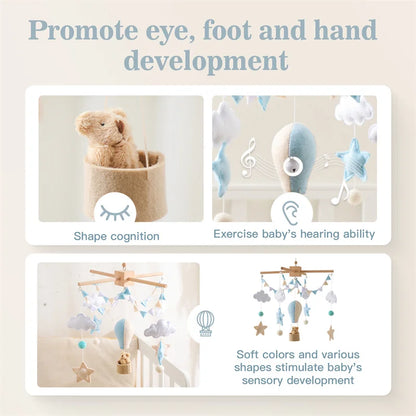 Wooden Baby Rattles Toy 0-12 Months Soft Felt Cartoon Hot Balloon Bed Bell Newborn Music Box Holder Bracket Infant Crib Toy Gift