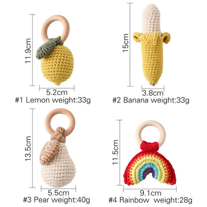 1PC Baby Ratter Toys Wooden Fruit Crochet Ringing Teether BPA Free Lemon Rainbow Rings Newborn Montessori Teether Kid Toys Gifts