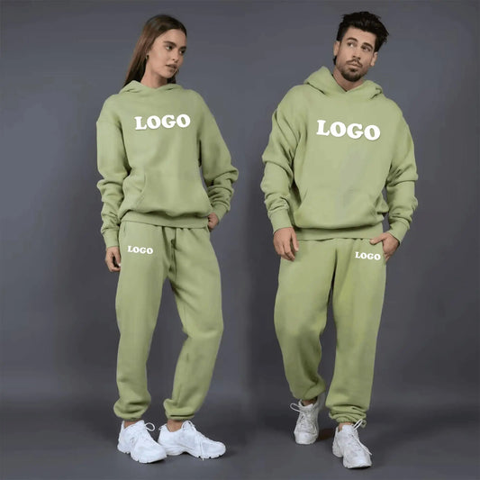 Custom logo autumn and winter cotton 60% polyester 40% plush and thickened men's and women's loose hooded sweater two-piece set