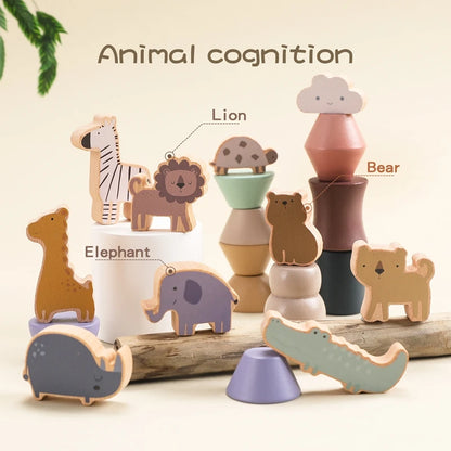 Montessori Toys Balanced Stacked Wooden Building Blocks Animal Board Game Puzzle Toys Are Placed In Animal-shaped Scene Gift Kid