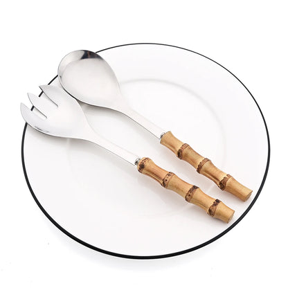 2/4Pcs Long Handle Serving Spoon Fork Bamboo Wooden Handle Salad Spork Kitchen Stainless Steel Tableware Cutlery Silverware Set