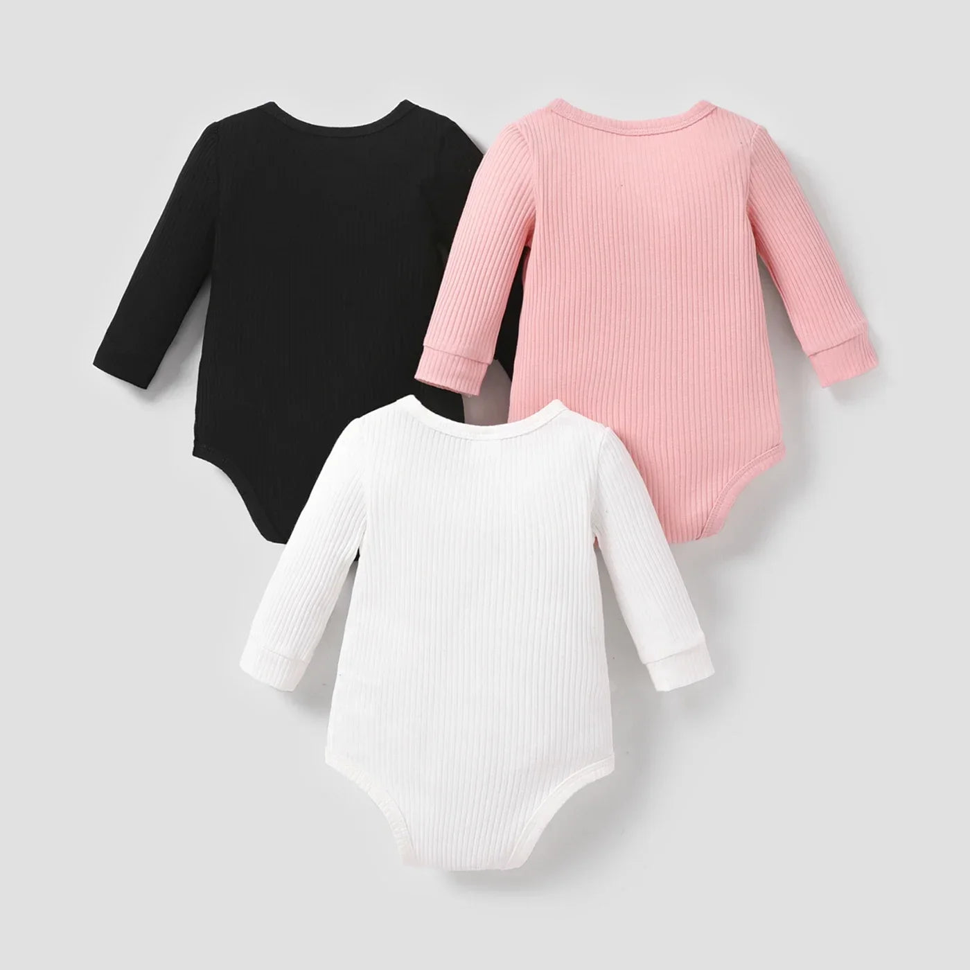 PatPat 3-Pack Baby Girl/Boy Cotton Button Design Solid Color Ribbed Long-sleeve Rompers Soft and Comfortable