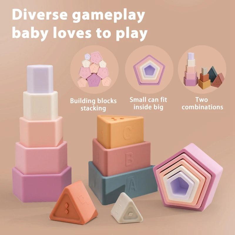 1Set Silicone Stacking Toys Building Block BPA Free Baby Silicone Teether Soft Block Folding Educational Game Toys