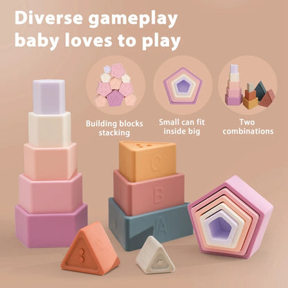 1Set Silicone Stacking Toys Building Block BPA Free Baby Silicone Teether Soft Block Folding Educational Game Toys