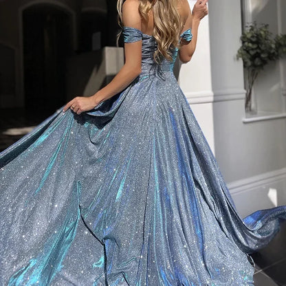 Blue Sequined High Waist Slit Dress