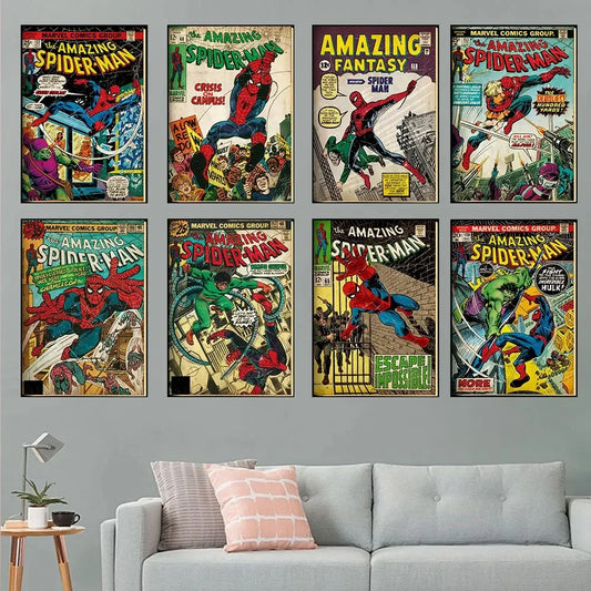 Vintage Comics Superhero Marvel Spiderman Posters and Prints Canvas Painting Wall Art Decoration Pictures for Boy Bedroom Decor
