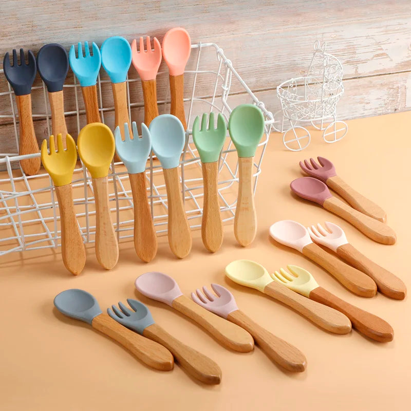 2Pcs Food Grade Silicone Spoon and Fork Set Baby Feeding Training with Wooden Handle Toddlers Infant Eat Independently Acce