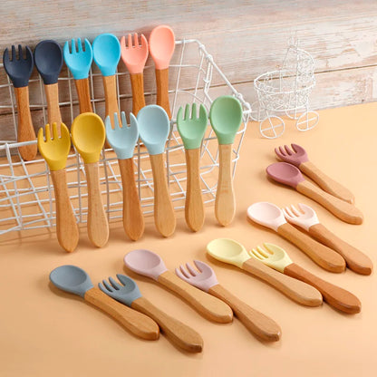 2Pcs Food Grade Silicone Spoon and Fork Set Baby Feeding Training with Wooden Handle Toddlers Infant Eat Independently Acce