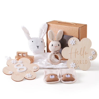 Baby Cotton Blanket Bath Stuff Towel Brush Set Gifts Box Wooden Crochet Bunny Rattle Brushs Bracelet Towel For Baby Shower Gift