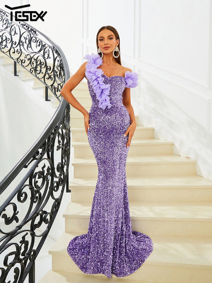Yesexy 2024 New Formal Occasion Dresses One Shoulder Purple Sequin Mermaid Evening Prom Party Floor Length Dress