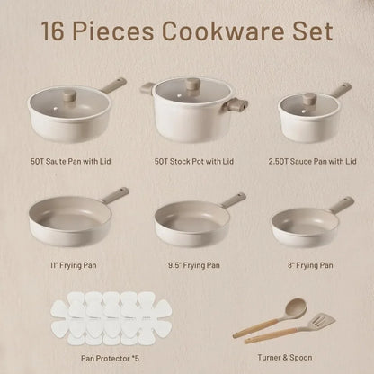 16pcs Pots and Pans Set Non Stick, Nonstick Kitchen Cookware Sets, Induction Cookware Sets with Stay-Cool Handle,Beige and Taupe
