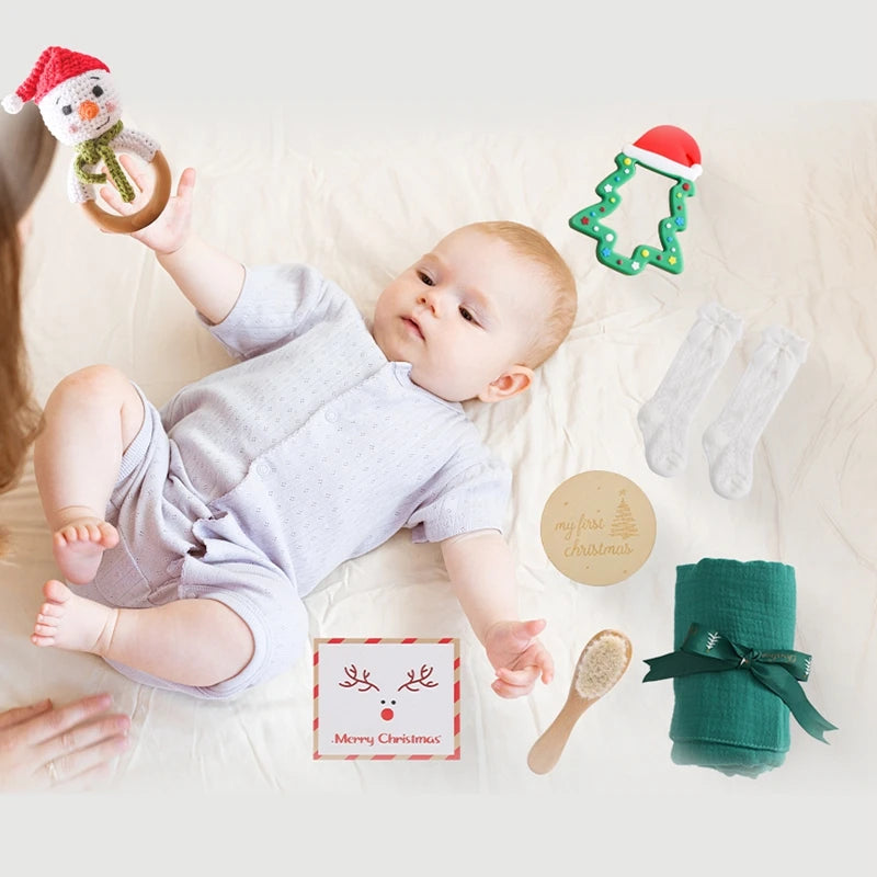 Baby Towel Bath Set Gift  Animal Rattles Toys Newborn Milestone Cards Wooden Ring Rabbit Rattle Infant Brush For Baby Birth Gift