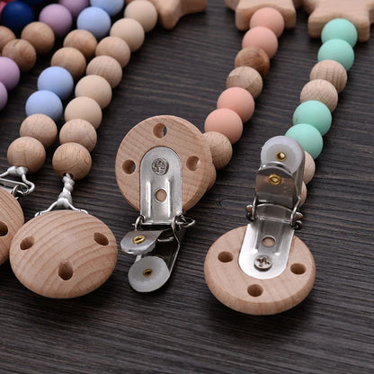Baby Silicone Teether Pacifier Chain Bracelets Set Round Wooden Dummy Holder Clip For Baby Teething Nipple Chain Nursing Toys
