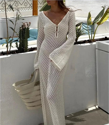 Deep V-Neck Knit Beach Dress