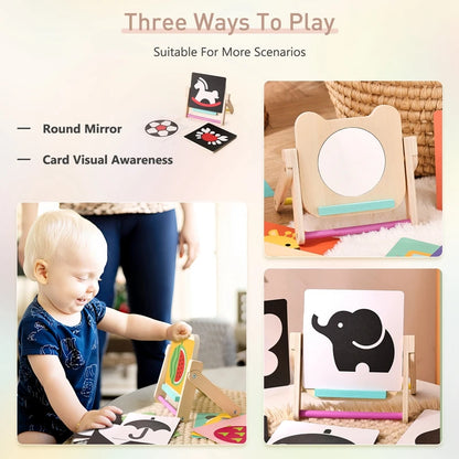 Montessori Baby Visual Stimulation Wooden Mirror Toys Black and White Flash Cards High Contrast Visual Stimulation Learning Toys