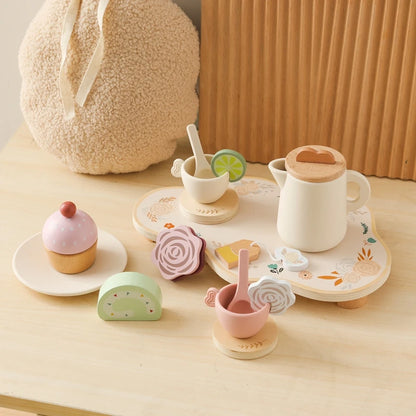Baby Wooden Montessori Toys Silicone Cups Wooden Plate Trays Dessert Model Playing House Afternoon Tea Set Kids Puzzle Toys Gift