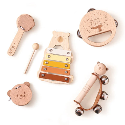 Kids Musical Instrument Toys Montessori Baby Wooden Cartoon Bear Percussion Toy Game Interactive Music Educational Toy Baby Gift