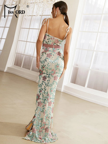 Floral Sequin Spaghetti Strap Gown