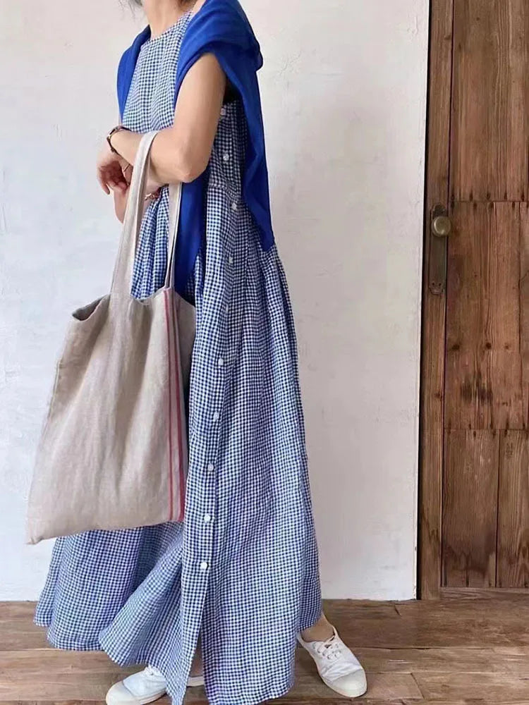 [EWQ] Elegant Female's Holiday Dresses For Formal Occasions Strap Plaid Sleeveless Long Dress Women 2024 Spring Summer 16U8904