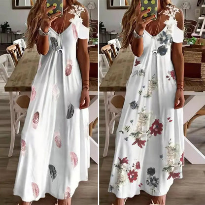 Feather Printed A-Line Maxi Dress