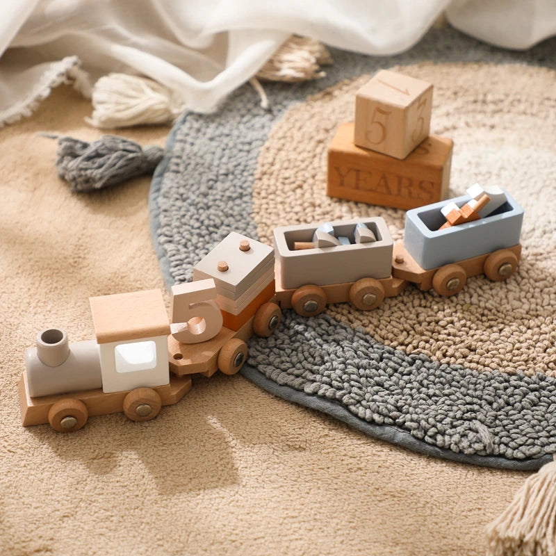 Wooden Birthday Train Toy Simulated Train Toy Model Baby Montessori Educational Toys Wooden Trolley Baby Learning Kid Toys Gifts