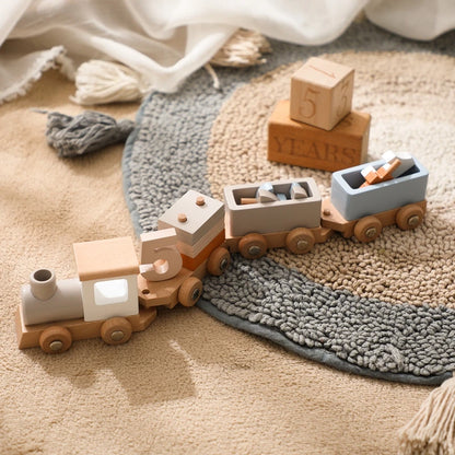 Wooden Birthday Train Toy Simulated Train Toy Model Baby Montessori Educational Toys Wooden Trolley Baby Learning Kid Toys Gifts